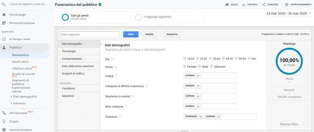 Google Analytics Nuovo Segmento