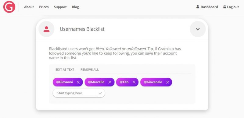 Anche per gli username è possibile approntare una blacklist in modo da preservare quelli che si intende seguire
