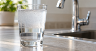 Bicchiere con acqua limpida sul fondo e microbolle nella parte superiore, accanto a un rubinetto da cucina
