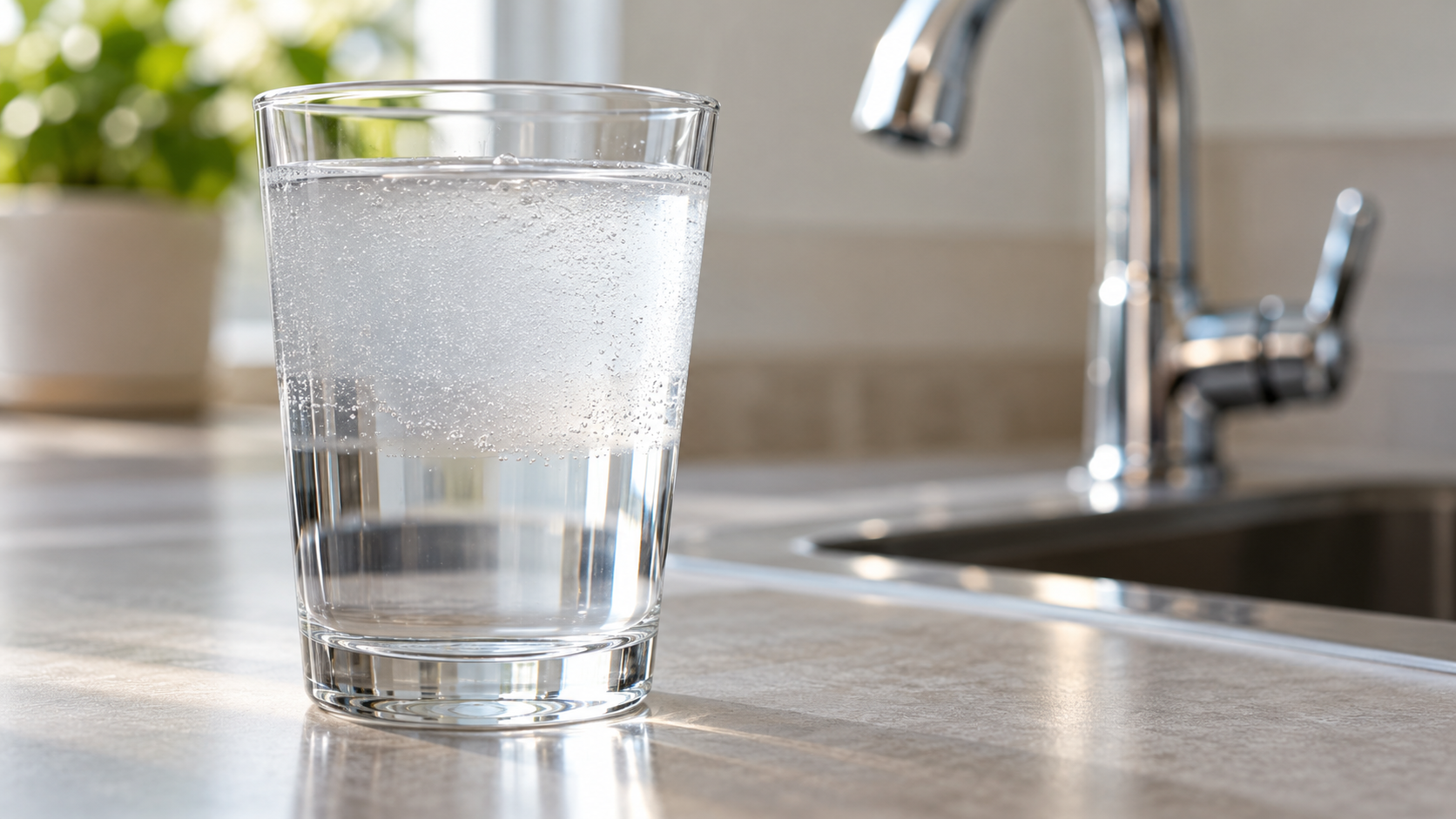 Bicchiere con acqua limpida sul fondo e microbolle nella parte superiore, accanto a un rubinetto da cucina
