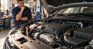 Vano motore di un’automobile con cofano aperto e tecnico che lo osserva in officina
