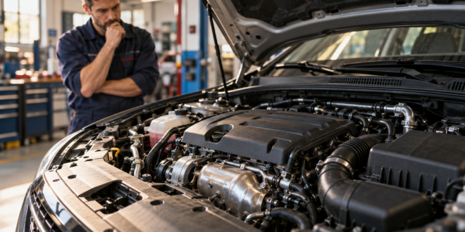 Vano motore di un’automobile con cofano aperto e tecnico che lo osserva in officina