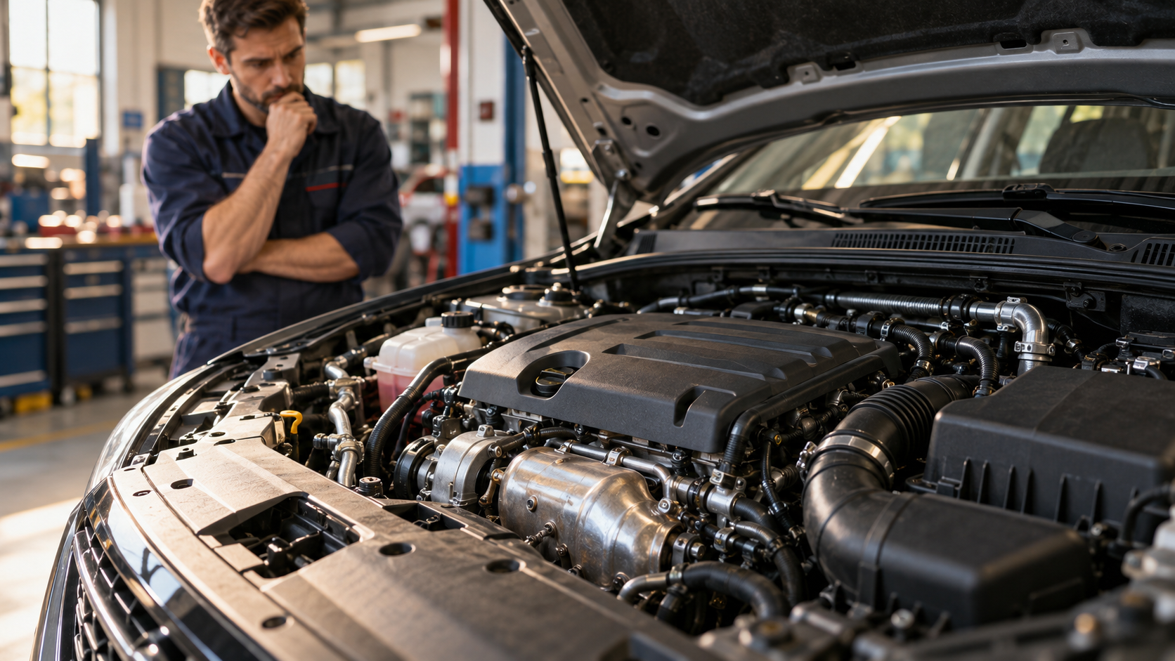 Vano motore di un’automobile con cofano aperto e tecnico che lo osserva in officina