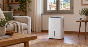 Deumidificatore portatile con griglie libere in una stanza domestica, accanto a un termoigrometro su un tavolino