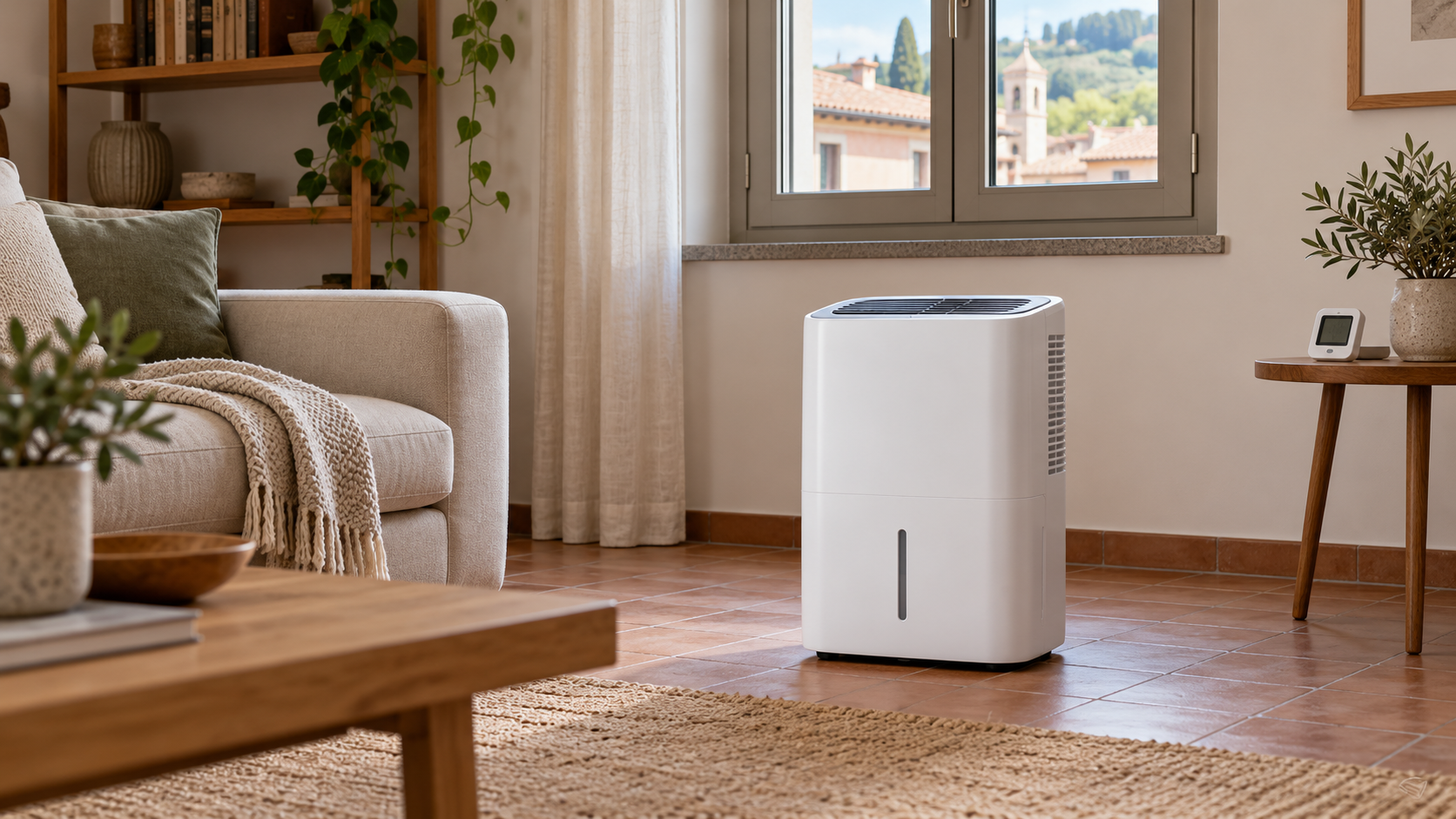 Deumidificatore portatile con griglie libere in una stanza domestica, accanto a un termoigrometro su un tavolino